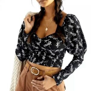 Anthropologie Black and White Floral Puff Sleeve Blouse